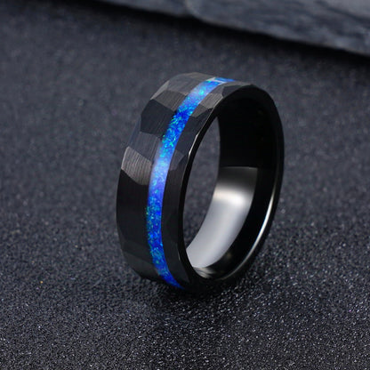Jzora handmade 8mm black hammered tungsten blue opal inlay men’s ring