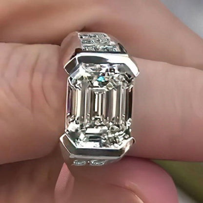 Jzora handmade 6ct emerald cut bezel set men's wedding band ring