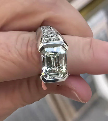 Jzora handmade 6ct emerald cut bezel set men's wedding band ring