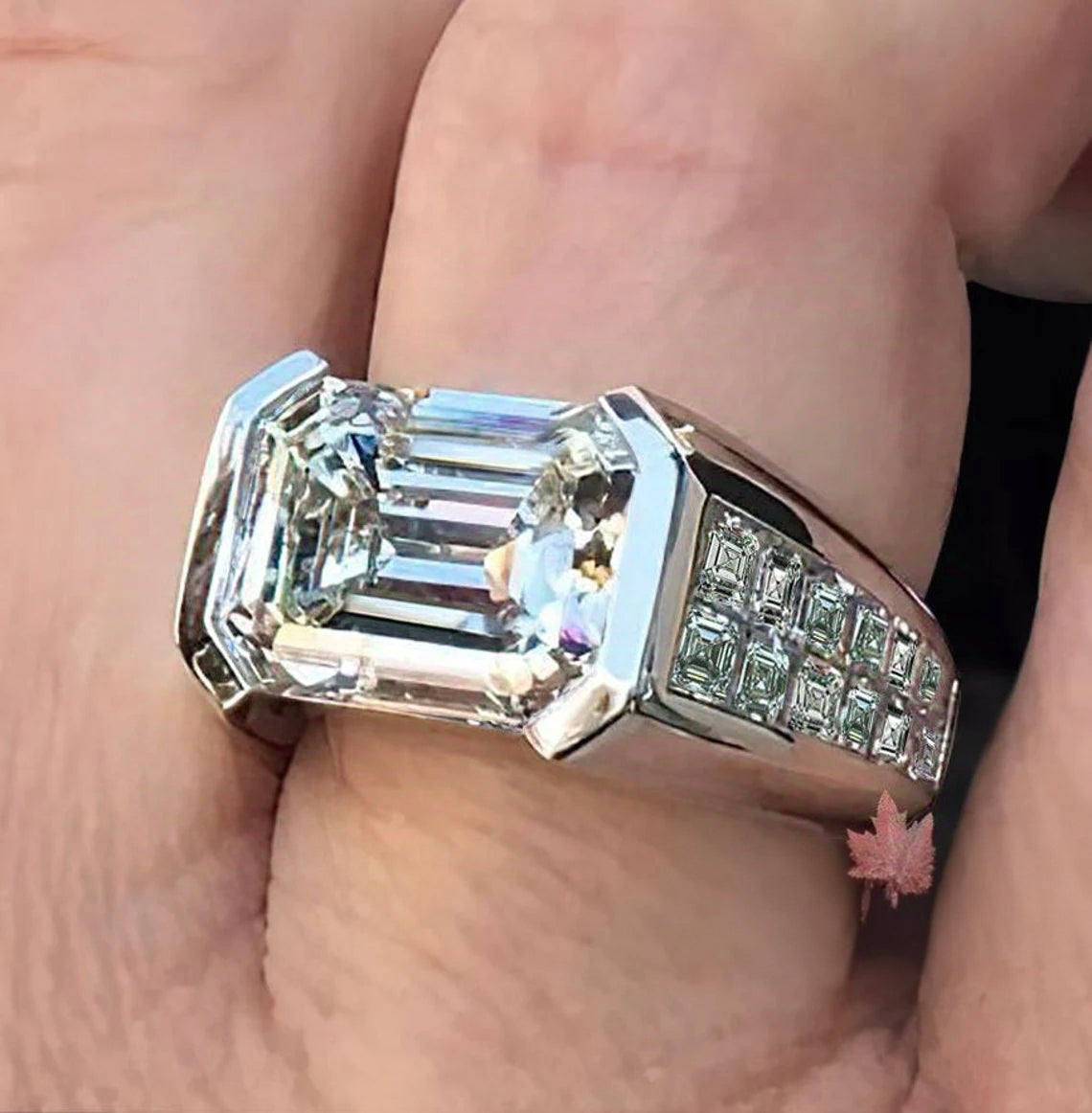 Jzora handmade 6ct emerald cut bezel set men's wedding band ring