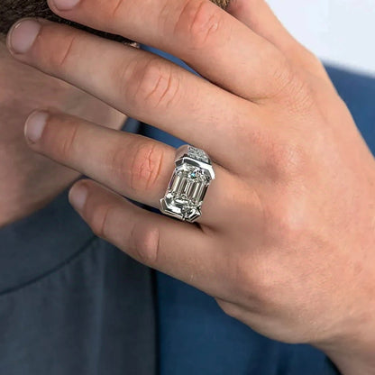 Jzora handmade 6ct emerald cut bezel set men's wedding band ring