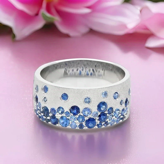 Jzora handmade scattered sapphire ombre effect satin finish  sterling silver wide band ring
