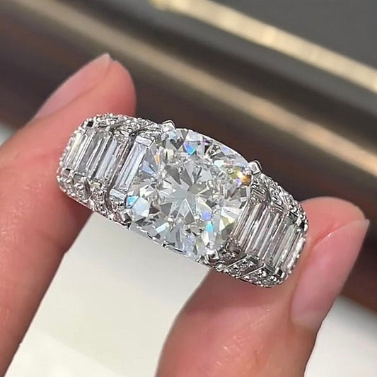 Jzora Handmade Luxury 5CT Cushion Cut & Baguette Cut Full Pave Brilliant Ring