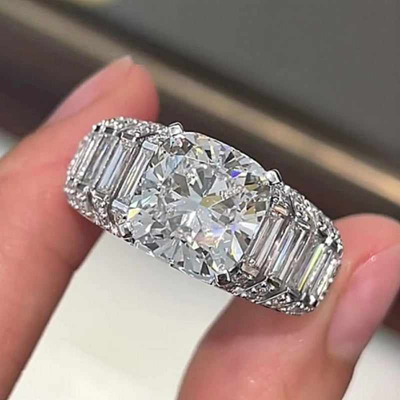 Jzora Handmade Luxury 5CT Cushion Cut & Baguette Cut Full Pave Brilliant Ring