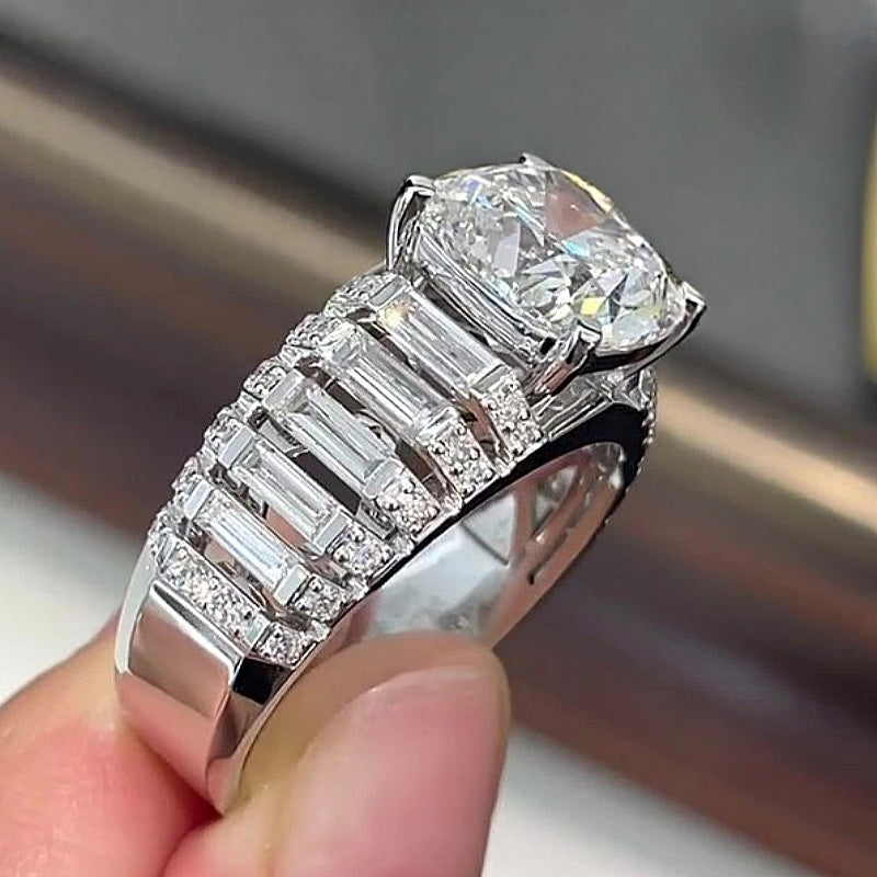 Jzora Handmade Luxury 5CT Cushion Cut & Baguette Cut Full Pave Brilliant Ring