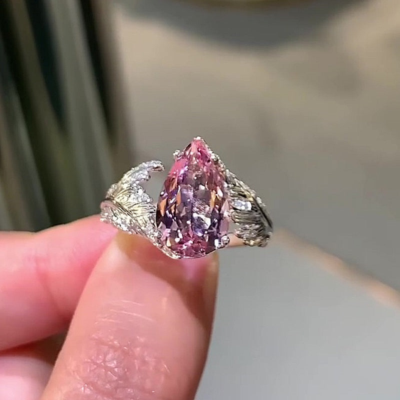 Jzora Handmade Romantic Feather‑Design Pear Morganite Women’s Promise & Engagement Ring
