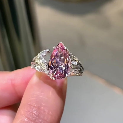 Jzora Handmade Romantic Feather‑Design Pear Morganite Women’s Promise & Engagement Ring
