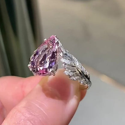 Jzora Handmade Romantic Feather‑Design Pear Morganite Women’s Promise & Engagement Ring