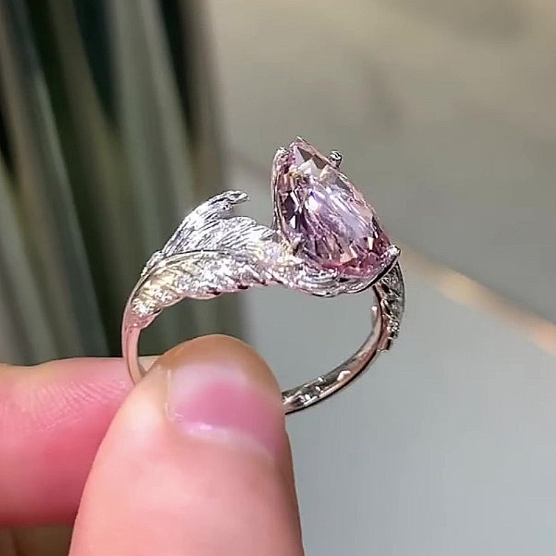 Jzora Handmade Romantic Feather‑Design Pear Morganite Women’s Promise & Engagement Ring