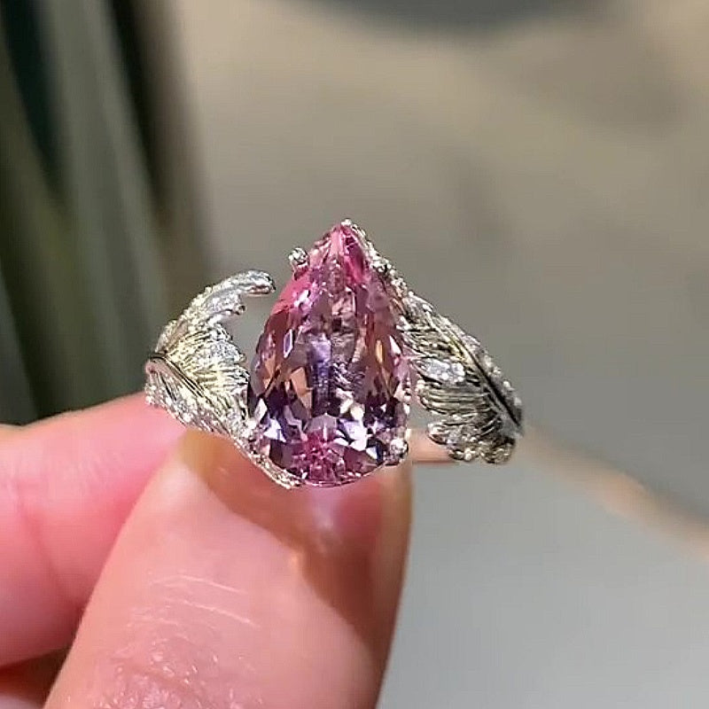 Jzora Handmade Romantic Feather‑Design Pear Morganite Women’s Promise & Engagement Ring