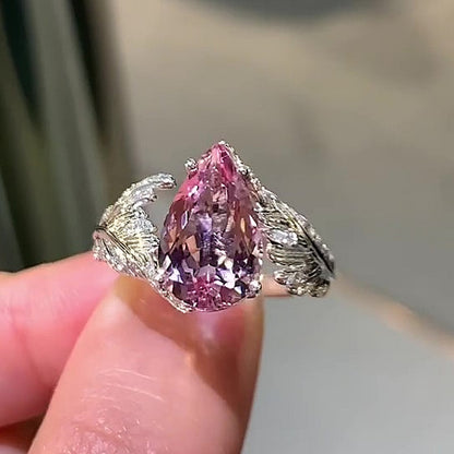 Jzora Handmade Romantic Feather‑Design Pear Morganite Women’s Promise & Engagement Ring