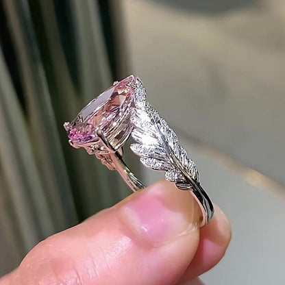 Jzora Handmade Romantic Feather‑Design Pear Morganite Women’s Promise & Engagement Ring