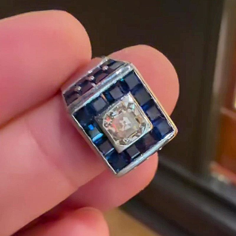 Jzora Handmade Chunky Square Halo Asscher-Cut Center with Blue Baguette CZ Wide Heavy Men’s Ring