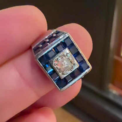 Jzora Handmade Chunky Square Halo Asscher-Cut Center with Blue Baguette CZ Wide Heavy Men’s Ring