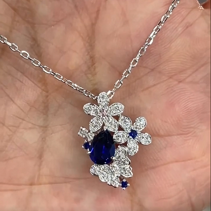 Jzora Handmade Royal Blue Pear‑Cut Floral Butterfly Garden‑Inspired Elegant Necklace