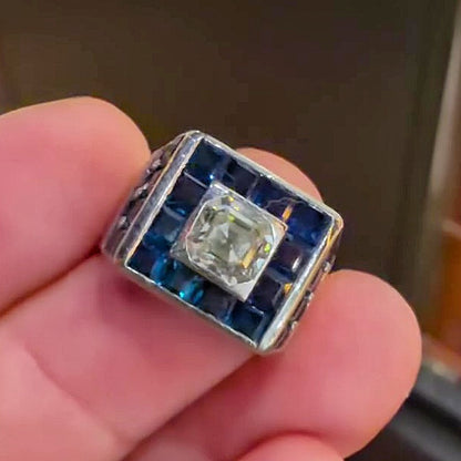Jzora Handmade Chunky Square Halo Asscher-Cut Center with Blue Baguette CZ Wide Heavy Men’s Ring