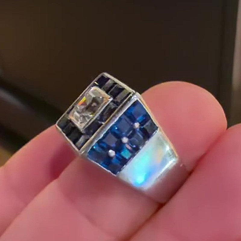 Jzora Handmade Chunky Square Halo Asscher-Cut Center with Blue Baguette CZ Wide Heavy Men’s Ring