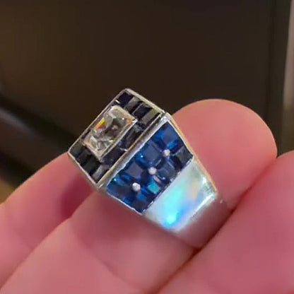Jzora Handmade Chunky Square Halo Asscher-Cut Center with Blue Baguette CZ Wide Heavy Men’s Ring