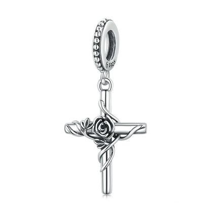 Jzora Vintage Rose Cross Sterling Silver Charm