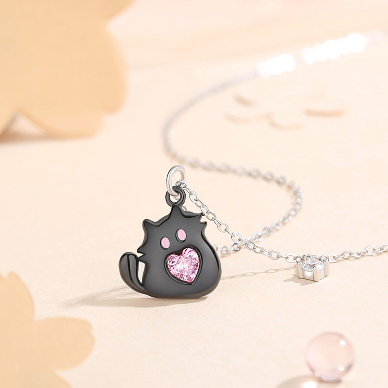 Jzora handmade pink heart cut cute cartoon kitten sterling silver necklace