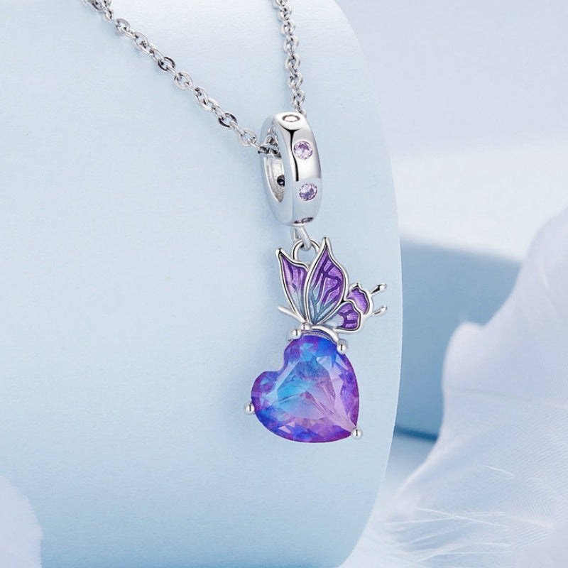 Jzora Elegant Gradient Purple Heart Butterfly Sterling Silver Charm