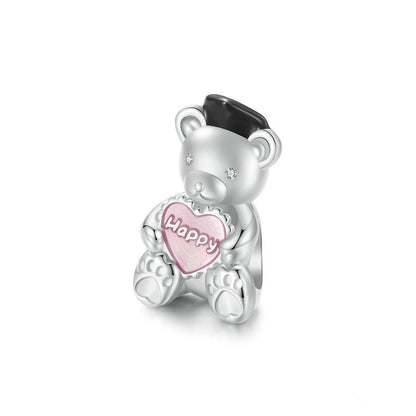 Jzora Pink Heart Bear Sweet Animal Sterling Silver Charm