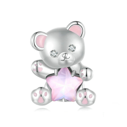 Jzora Dreamy Sweet Pink Star Bear Animal Sterling Silver Charm