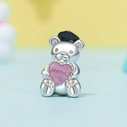 Jzora Pink Heart Bear Sweet Animal Sterling Silver Charm