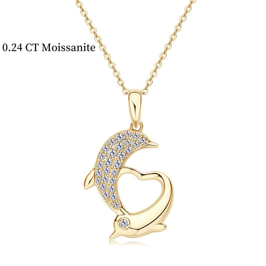 Jzora handmade 10k gold dolphin love moissanite sterling silver necklace