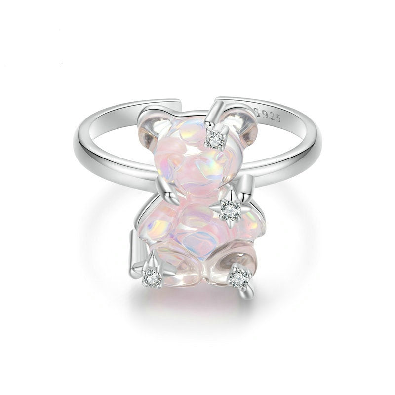 Jzora handmade pink jelly bear sterling silver adjustable ring