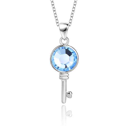 Jzora handmade round cut crystal key sterling silver necklace