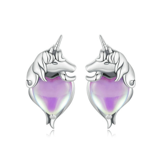 Jzora Purple Heart Unicorn Dreamy Sterling Silver Earrings