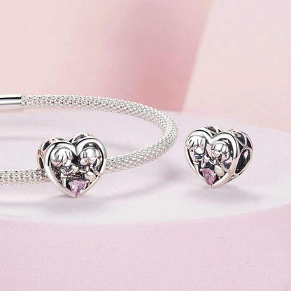 Jzora Two Little Ones Pink Heart Sterling Silver Charm