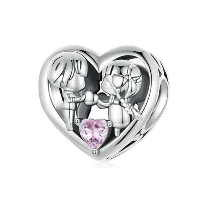 Jzora Two Little Ones Pink Heart Sterling Silver Charm