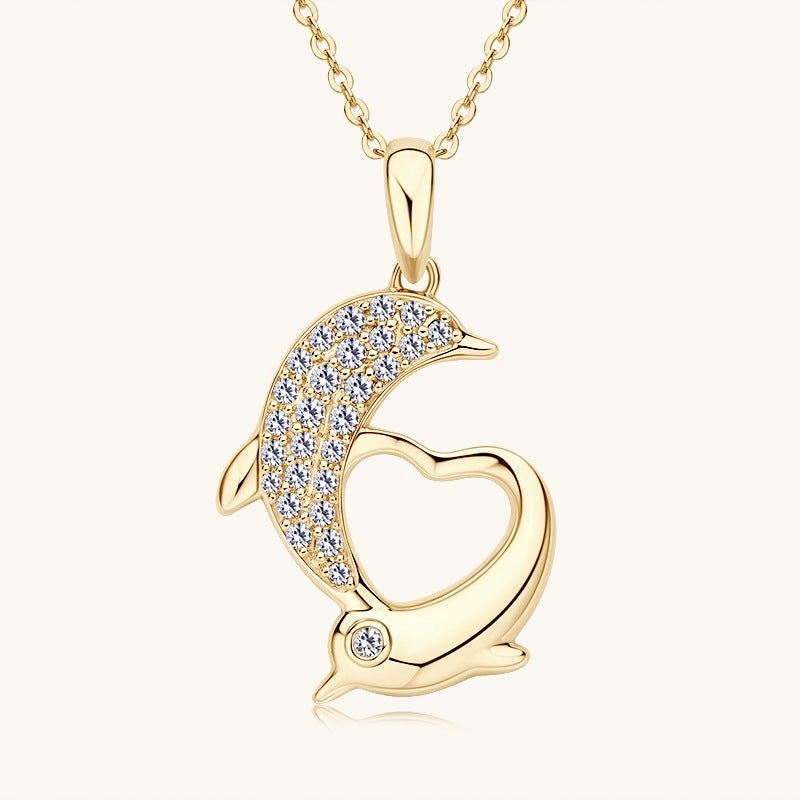 Jzora handmade 10k gold dolphin love moissanite sterling silver necklace