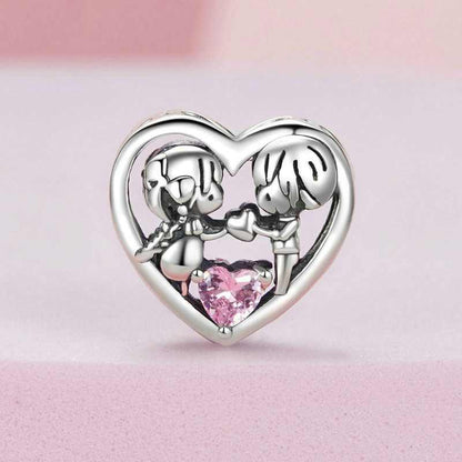 Jzora Two Little Ones Pink Heart Sterling Silver Charm