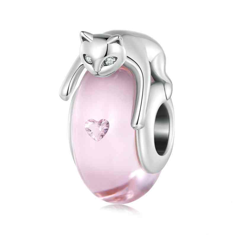 Jzora Cute Pink Lucite Cat Sterling Silver Charm