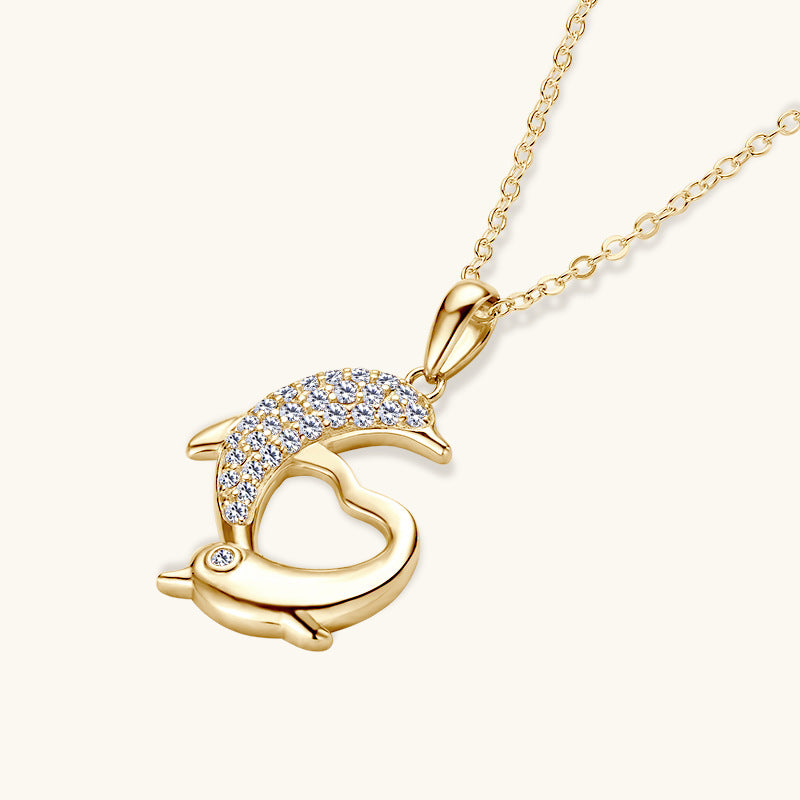 Jzora handmade 10k gold dolphin love moissanite sterling silver necklace