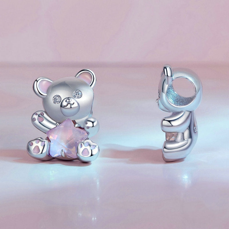 Jzora Dreamy Sweet Pink Star Bear Animal Sterling Silver Charm