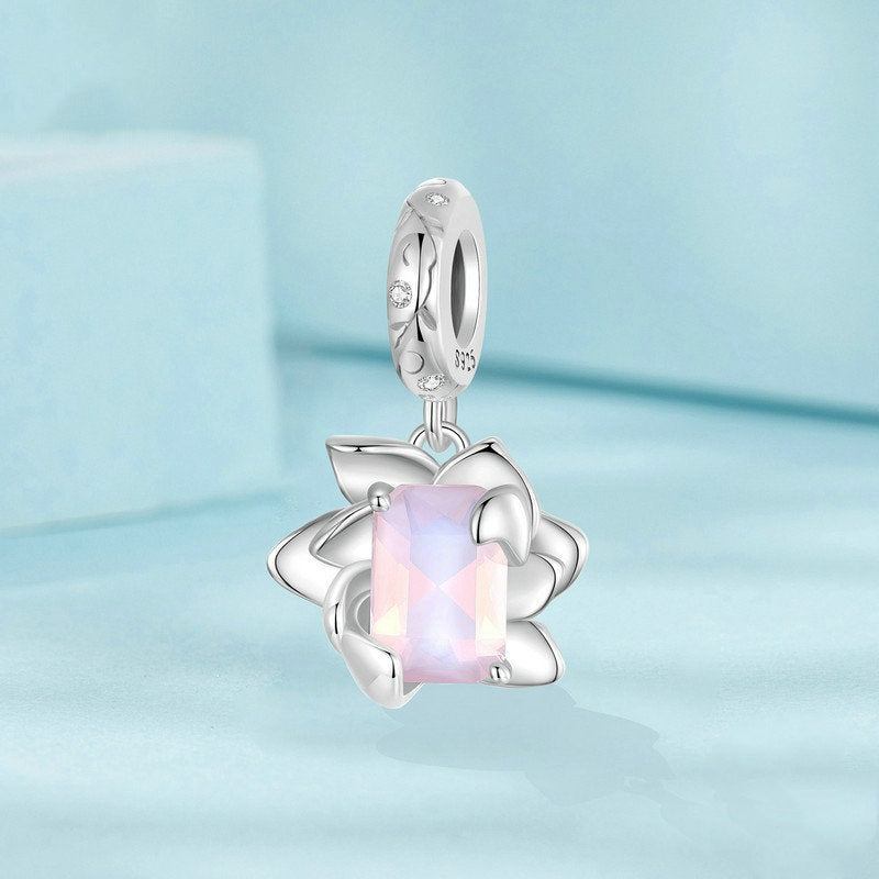 Jzora Pink Cubic Flower Lotus Flower Sterling Silver Charm