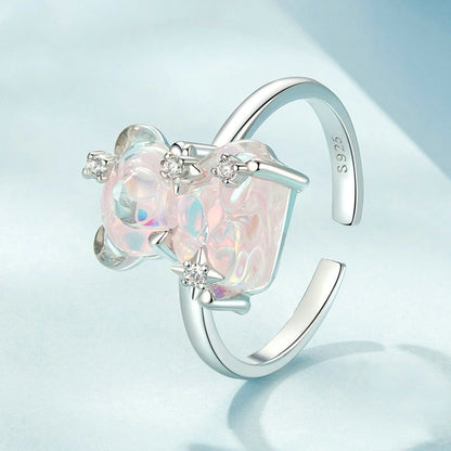 Jzora handmade pink jelly bear sterling silver adjustable ring