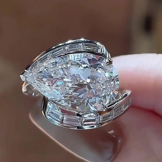 Jzora Handmade 5CT Teardrop Center & Baguette Wrap Full Pave Iced-Out Cocktail Ring