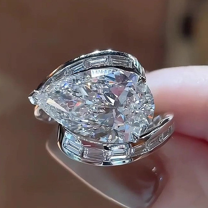 Jzora Handmade 5CT Pear Cut Baguette Wrap Full Pave Iced-Out Fashion Ring