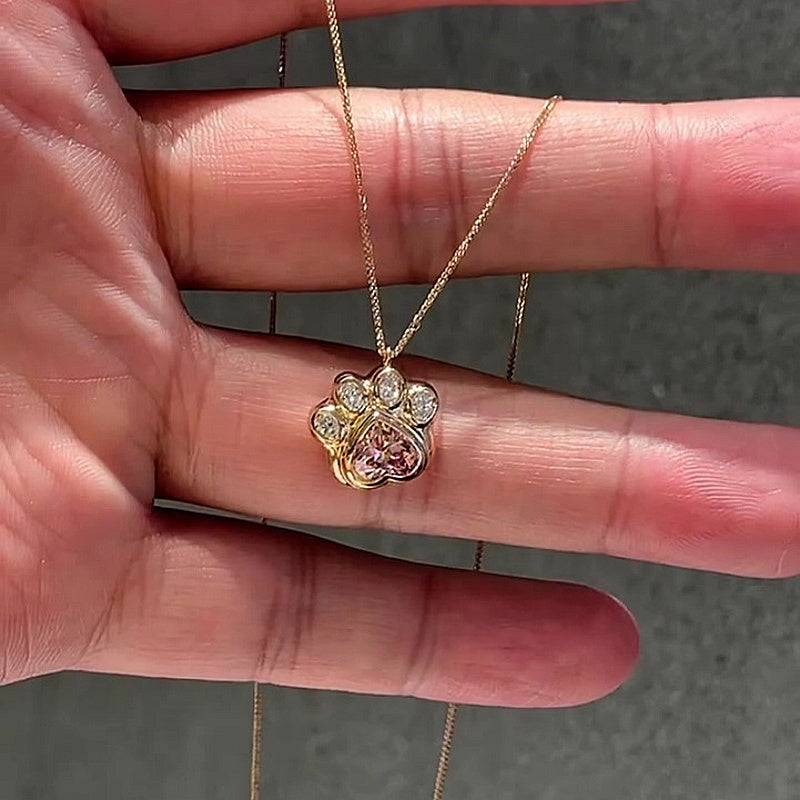Jzora Handmade Heart CZ Cat Paw Charm Necklace