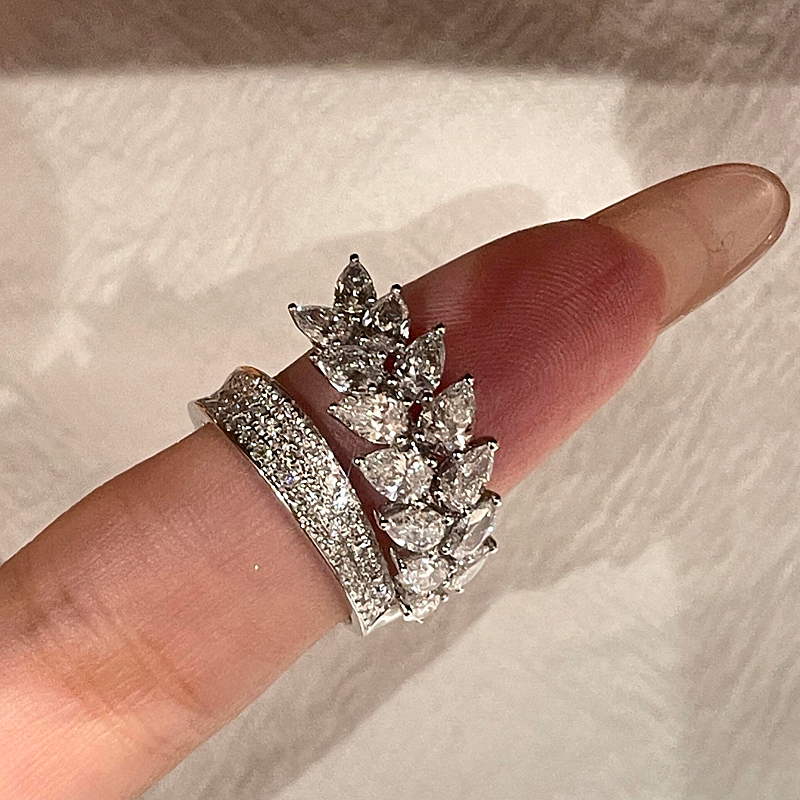 Jzora Handmade Sparkling Marquise CZ Wheat Leaf Double Band Women’s Cocktail Ring