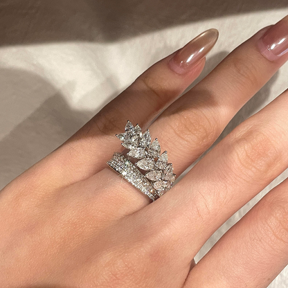 Jzora Handmade Sparkling Marquise CZ Wheat Leaf Double Band Women’s Cocktail Ring