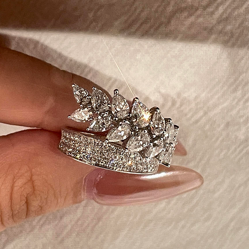 Jzora Handmade Sparkling Marquise CZ Wheat Leaf Double Band Women’s Cocktail Ring