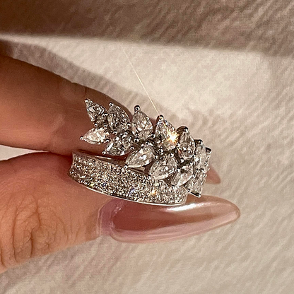 Jzora Handmade Sparkling Marquise CZ Wheat Leaf Double Band Women’s Cocktail Ring