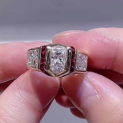 Jzora Handmade Art Deco Skyscraper Inspired Ruby & CZ Gold Plated Vintage Statement Men's Ring