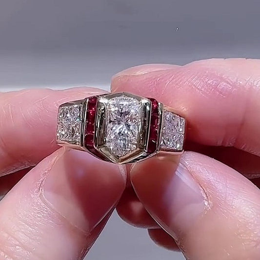 Jzora Handmade Art Deco Skyscraper Inspired Ruby & CZ Gold Plated Vintage Statement Men's Ring
